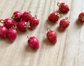 Strawberry Charm, Tiny, Gold Plated, Rose Red / Pale Red Enamel, Dainty Fruit Miniatures, Clip On Charm, Zipper Charm, Strawberry Jewelry