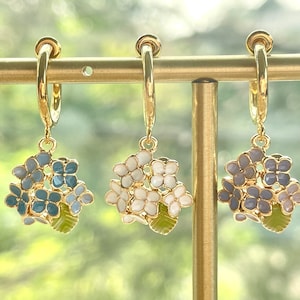 Hydrangea Flower Earrings, Non-Pierced Hoops, Gold Plated, Blue / Purple / White Enamel, Hortensia, Bouquet, Clip On Hoops