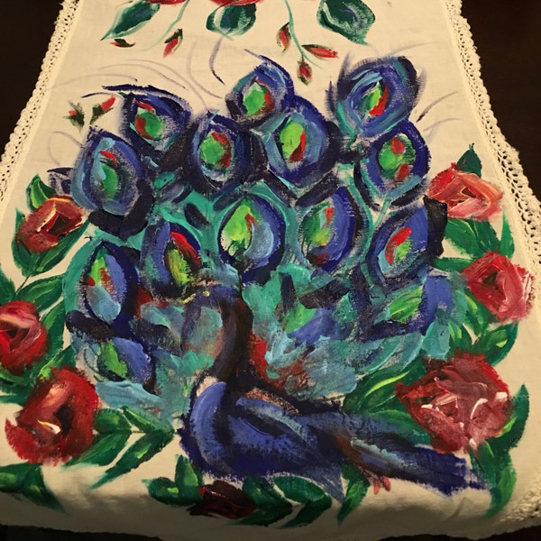 Peacock table runner, hand painted purple, blue, green, loosely and heavily, vintage cotton, red roses, old made new