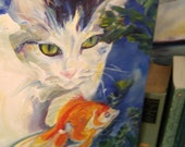 Orange, Blue, Oil painting, folk art, cat, goldfish, american realism, fishtank, funky, original, canvas, fish, gift, kitt , puss, pussy
