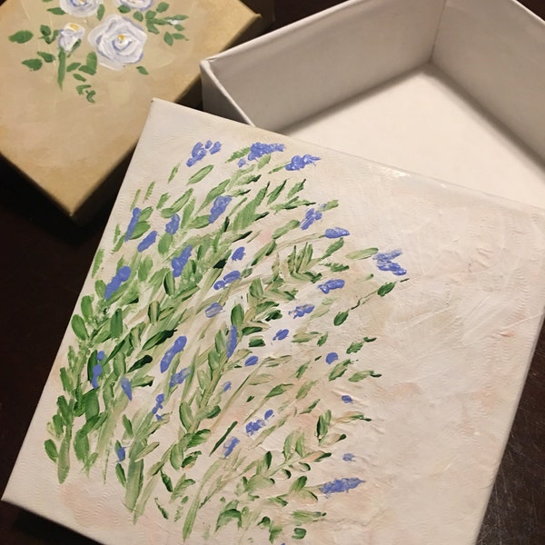 Gift boxes, hand painted, white, violet verbena roses floral spray, Easter gift, lavender up cycled jewelry box one of a kind CerenaLevene