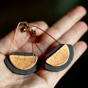 Long earrings Statement jewelry Black and copper jewelry Long dangle earring Fashion earrings for women Black earrings Gift for her Birthday image 1