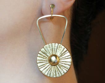 Long dangle Clip on earrings Gold flower jewelry Abstract screw back dangles Long non pierced earring Statement gifts for women Clip earring