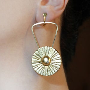 Long dangle Clip on earrings Gold flower jewelry Abstract screw back dangles Long non pierced earring Statement gifts for women Clip earring