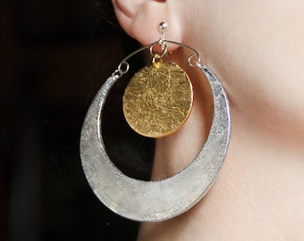 Sun and moon Clip on earrings Inspirational gift Silver and gold dangle gift Birthday gift for wife Drop earring Big statement jewelry Gift