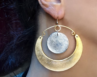 Sun and moon Statement clip-on earrings Gold and silver dangle Birthday gift for her Drop earring Big chunky jewelry gift Metallic colors