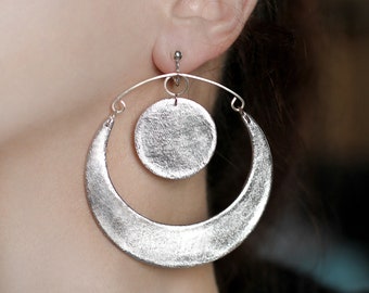 Crescent earrings Inspirational gift Sun and moon Clip on earrings Light silver dangle earring Large earring Big statement jewelry Cool