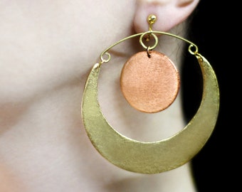 Gold moon and sun earrings Inspirational gift for her Sun and moon dangle Clip on earrings Metallic colors jewelry Large earrings Big hoops