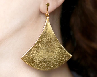 Gold color earrings Fan abstract dangles Clip on earrings Uncommon jewelry Big statement jewelry Hook earrings Dangling and drop Women gifts