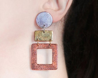 Long dangles Lightweight clip on earrings Statement jewelry Mixed metallic colors Geometric earrings Silver, gold and copper drop earrings