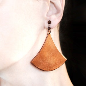 Big fan earrings Clip on earrings Abstract dangles Uncommon jewelry Statement piece of jewelry Copper dangling and drop earrings Women gifts