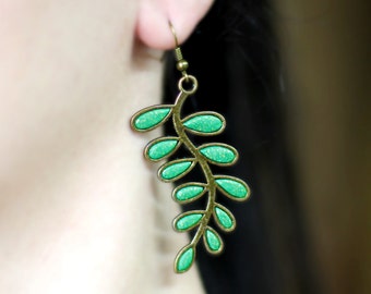 Green earrings Leaves earrings Summer earrings Clip on earrings Branch earrings Antique bronze earring Jewelry store Green leaf Modern gifts