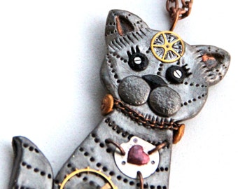 Kat steampunk ketting Zilveren kat ketting Steampunk sieraden Steampunk kitten hanger Horloge deeltje kat hanger Kat liefhebbers cadeau Pet sieraden