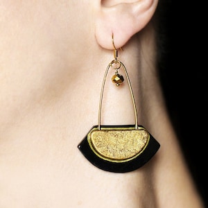 Modern jewelry Long earrings Statement earrings Black and gold earrings Contemporary jewelry Bold dangle earring Gold dangles Woman's gifts