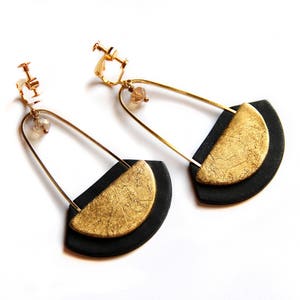 Modern jewelry Long earrings Statement earrings Black and gold earrings Contemporary jewelry Bold dangle earring Gold dangles Woman's gifts image 6