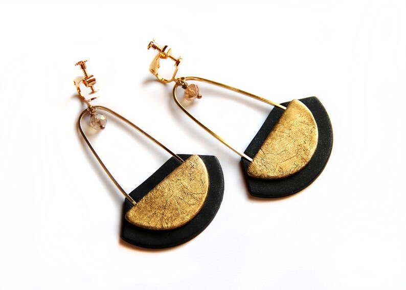 Modern jewelry Long earrings Statement earrings Black and gold earrings Contemporary jewelry Bold dangle earring Gold dangles Woman's gifts image 6