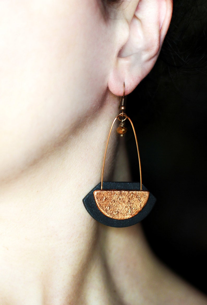 Long earrings Statement jewelry Black and copper jewelry Long dangle earring Fashion earrings for women Black earrings Gift for her Birthday image 2