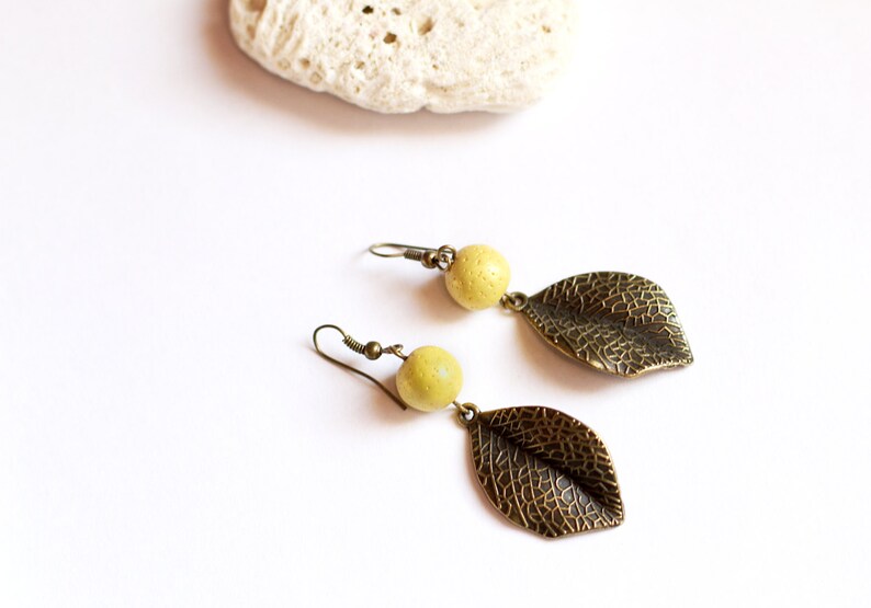 Yellow earrings Leaf jewelry Gift for women Ball earring Bronze dangles Gift under 10 Yellow bead leaves Dangle earrings Brass drop earrings