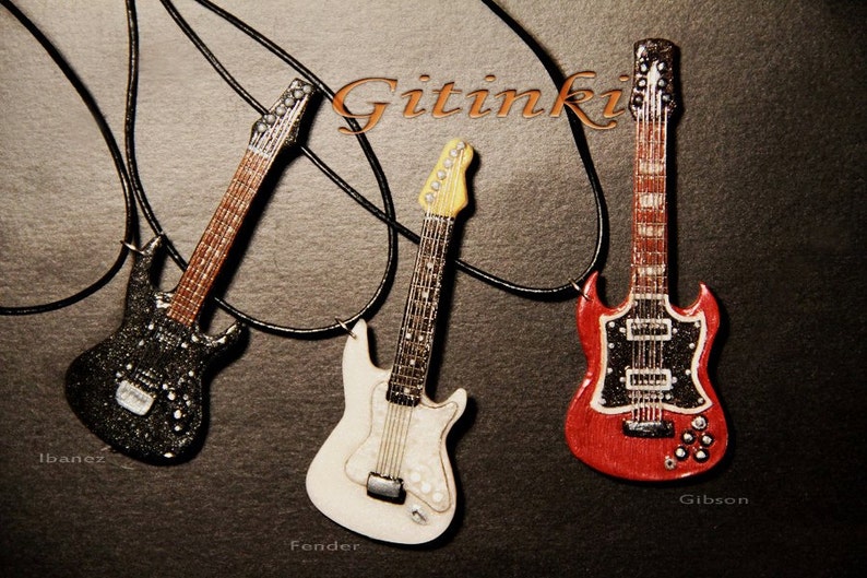 Guitar necklace Music jewelry Custom order Guitar jewelry Guitar pendant Made for you Free shipping Clay necklace Unisex pendant Music gifts image 4