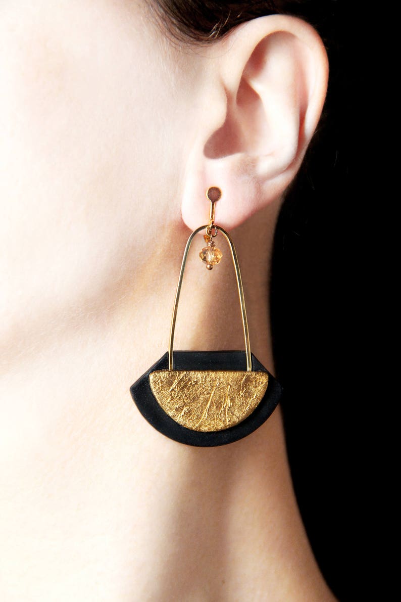 Modern jewelry Long earrings Statement earrings Black and gold earrings Contemporary jewelry Bold dangle earring Gold dangles Woman's gifts image 10