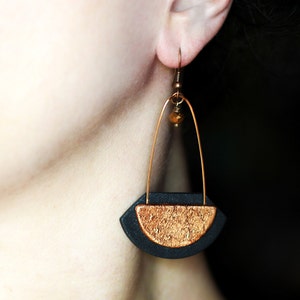 Modern jewelry Long earrings Statement earrings Black and gold earrings Contemporary jewelry Bold dangle earring Gold dangles Woman's gifts Copper