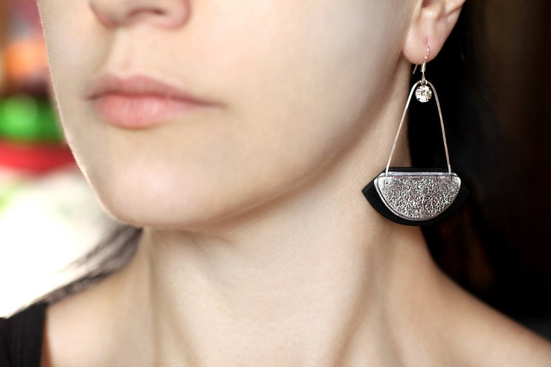Abstract jewelry gift Birthday gift idea for women gift for her Big modern earring Statement dangle Contemporary Handmade gift Long earring Silver and black