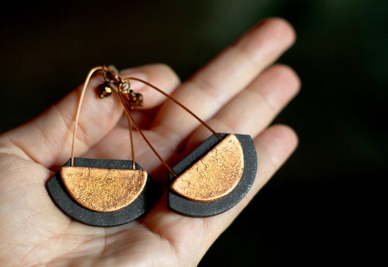 Long earrings Statement jewelry Black and copper jewelry Long dangle earring Fashion earrings for women Black earrings Gift for her Birthday image 1