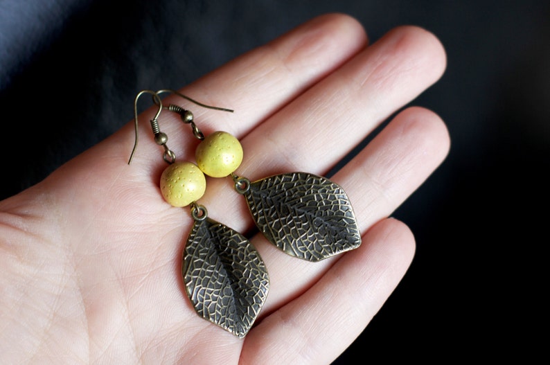Yellow earrings Leaf jewelry Gift for women Ball earring Bronze dangles Gift under 10 Yellow bead leaves Dangle earrings Brass drop earrings
