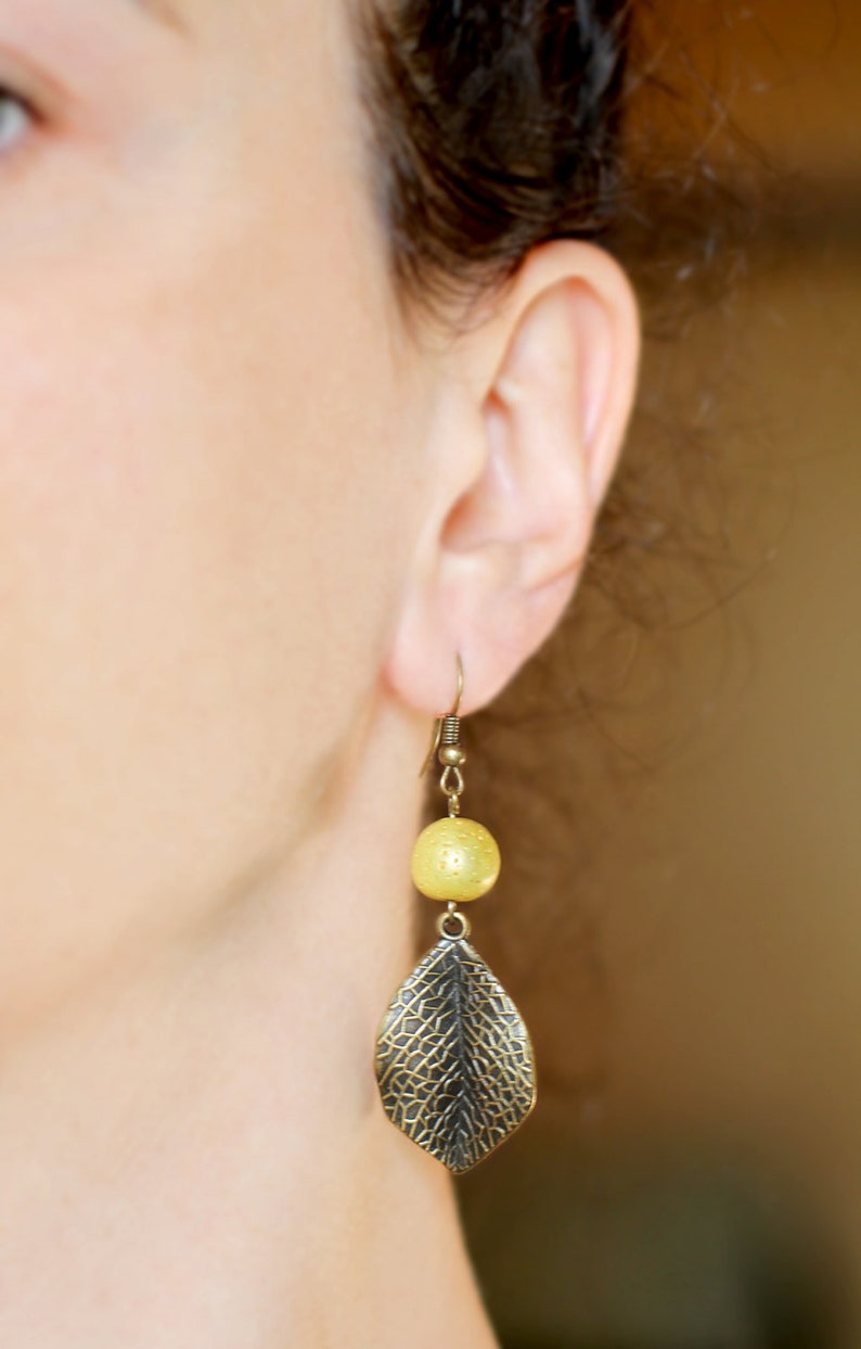 Yellow earrings Leaf jewelry Gift for women Ball earring Bronze dangles Gift under 10 Yellow bead leaves Dangle earrings Brass drop earrings