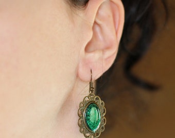 Emerald green earrings Resin jewelry Delicate earrings Oval earrings Dangle earrings Sparkle jewelry Green jewelry gift Glitter women gifts