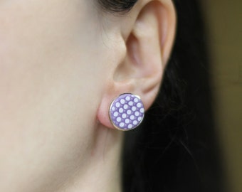 Violet stud earrings Urban earrings Minimalist jewelry Small stud round earrings Violet circle stud earrings Small gifts White dots earrings