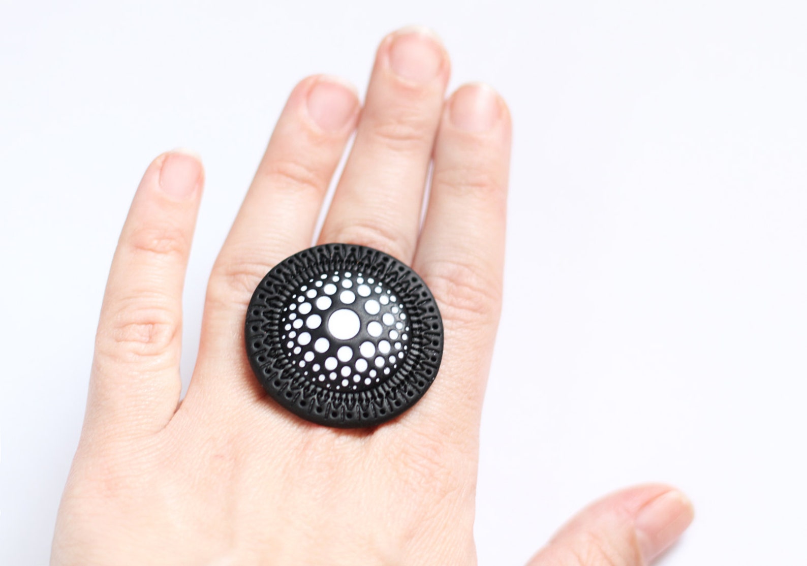 Big Ring Black Jewelry Statement Ring Black and White Abstract Etsy