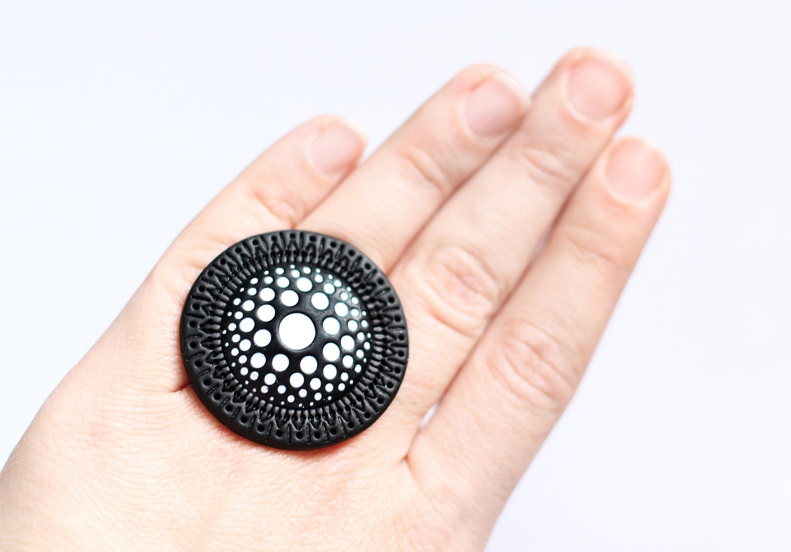 Big Ring Black Jewelry Statement Ring Black and White Abstract Etsy