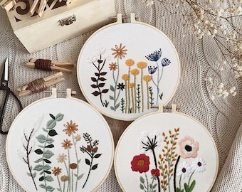 Kit de broderie pour débutant|Kit de broderie à la main|Kit de broderie bricolage|Motif floral moderne|Kit d'art mural cerceau de broderie fleurs bricolage fait main