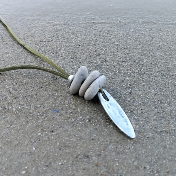 Hag Stone Necklace with a Silver Oval Pendant on an Olive Leather Chain, Adder Stone Necklace, Hagstone Jewelry, Olive Long Necklace