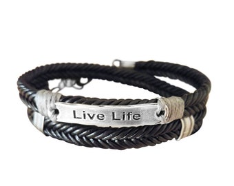 Motivational Leather Bracelet for Men - Live Life Inspirational Quote Jewelry - gift for boyfriend