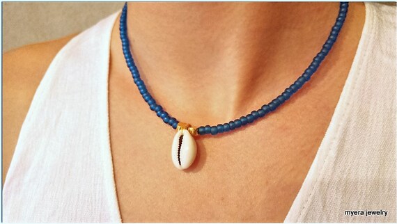 Shell Necklace, Cowrie Necklace, Blue Necklace, Beach Jewelry, Surfer Necklace, Seashell Jewelry, Summer Jewelry, Dainty Necklace