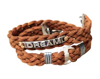 Mens Dream Quote Bracelet, Men Leather Bracelet, Inspirational Jewelry for Men, Quote Wrap Bracelet,  Mens Braided Wristband
