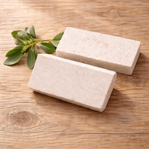 May include: Two rectangular, off-white bars of soap with a textured surface are displayed on a wooden surface. A sprig of green leaves is placed near the soap. The soap appears to be handmade.