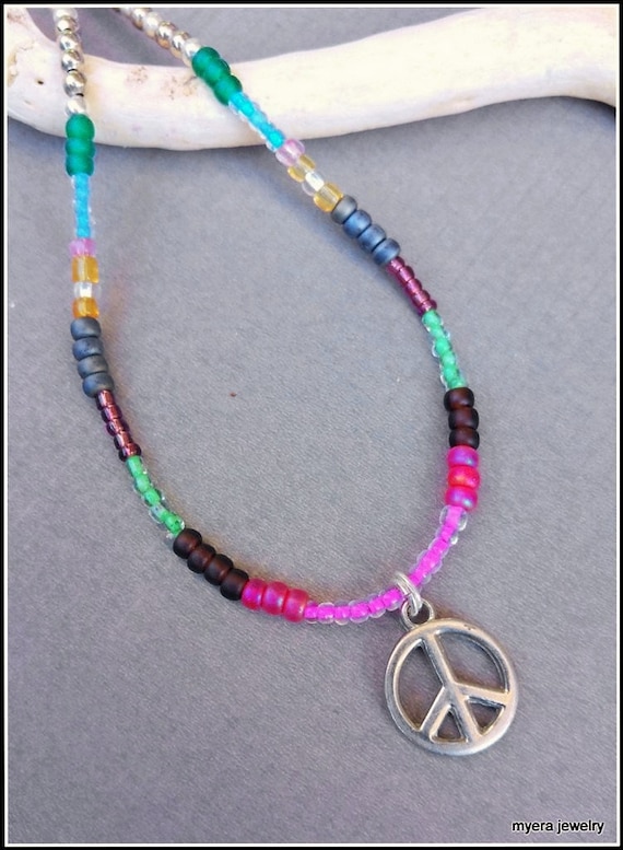 Peace Sign Pendant, Girls Peace Necklace, Peace and Love Necklace, Hippie Necklace, Retro Necklace, Rainbow Necklace, Colorful Necklace