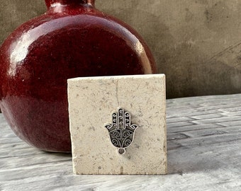 Handmade Limestone with Hamsa Charm - Made in Jerusalem - Holy Land Keepsake