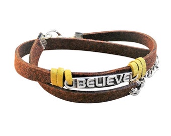 Men Inspirational Bracelet, Believe Bracelet, Men's Leather Bracelet, Man Quote Bracelet, Mens Statement Jewelry