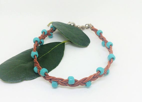 Turquoise Anklet, Women Ankle Bracelet, Braided Leather Anklet, Leather Ankle Bracelet, Beaded Anklet, Natural Leather Cord Anklet
