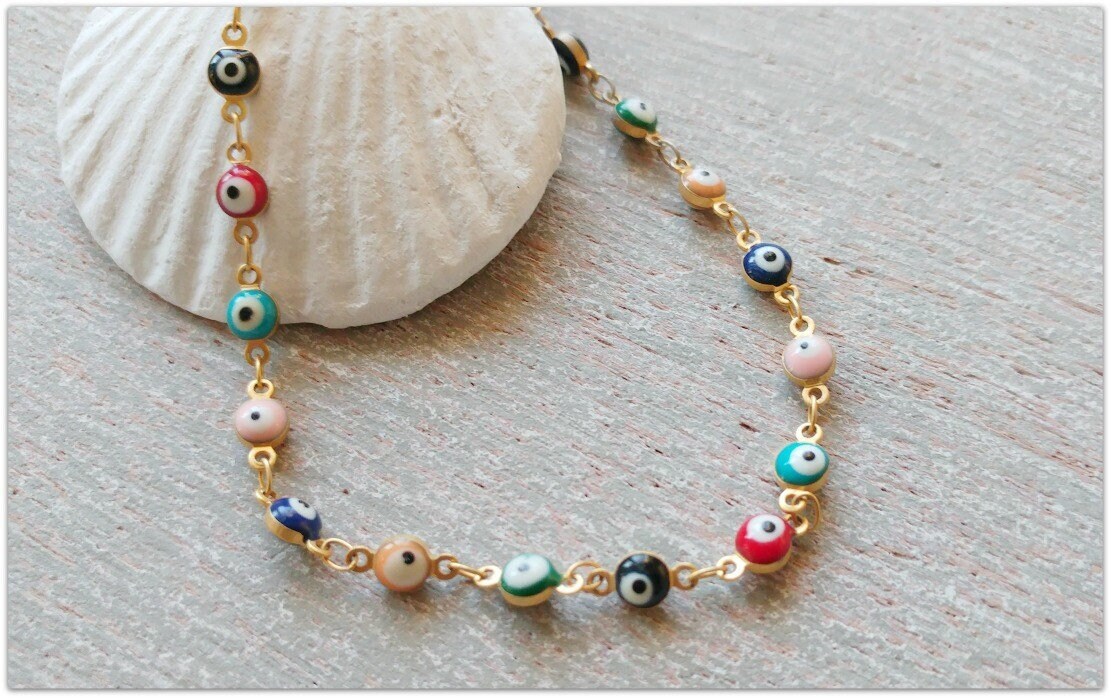 Tobillera multicolor con ojo malvado de oro hecha a mano de yoga