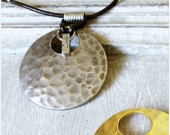 Big Round  Pendant Necklace, Luck Pendant, Leather Long Necklace, Silver Pendant Necklace, Statement necklace, Silver Hammered Necklace