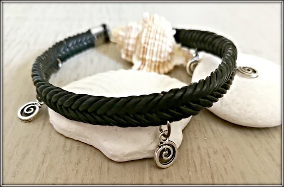 Black Leather Braided Anklet: Boho Silver Charm Ankle Cuff