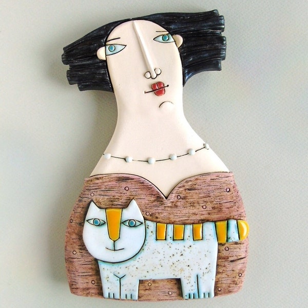 Céramique, Poterie, Sculpture en céramique, Décoration d'intérieur, Décoration murale - "Femme au chat"