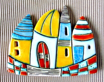 Ceramic wall tile ,Handmade ceramic art,Ceramic sculpture , Home decor, Wall decor- "Houses"