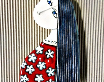 Ceramic figure of girl ,Handmade ceramic art,Ceramic sculpture, Home decoration,Wall decoration-Girl with red  dress