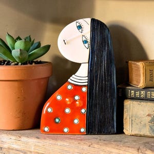 Whimsical Woman Wall Art – Handmade Ceramic Portrait with Long Hair | Feminine Home Decor